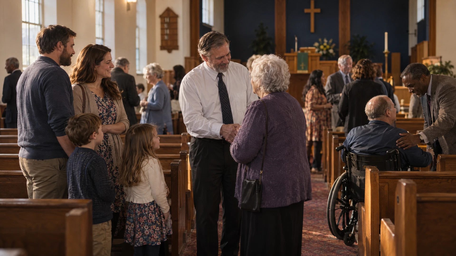 A pastor greeting a multi-generational congregation in a small church sanctuary after a Sunday service